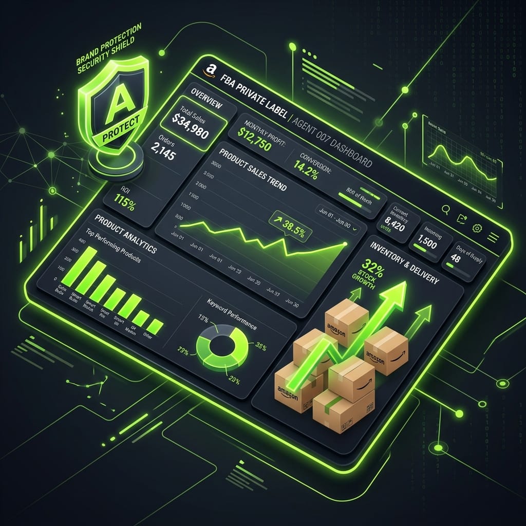 Amazon FBA Private Label strategy dashboard showing campaign performance metrics and brand protection