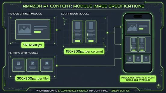Amazon A+ Content Image Sizes and Mobile Responsive Specs Infographic