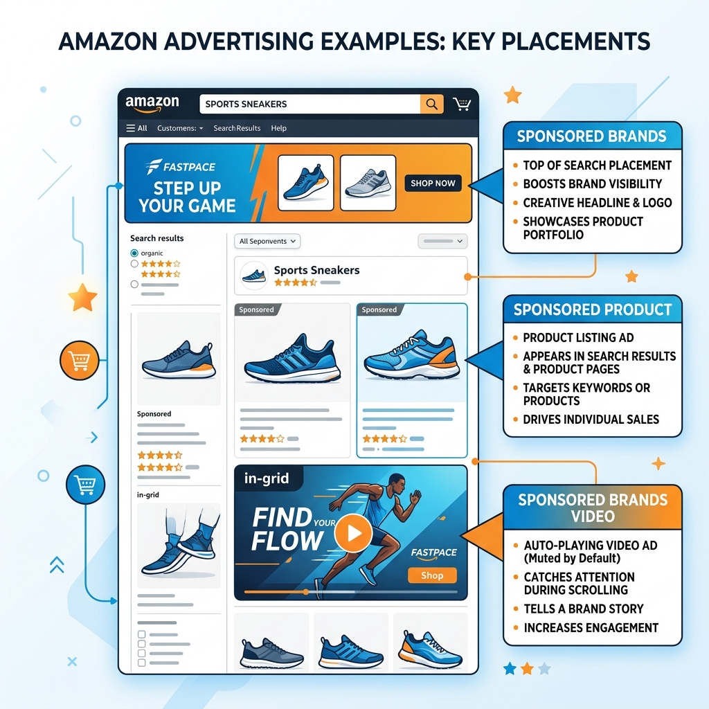 Amazon Advertising Examples Infographic showcasing Sponsored Products, Sponsored Brands, and Video Ads
