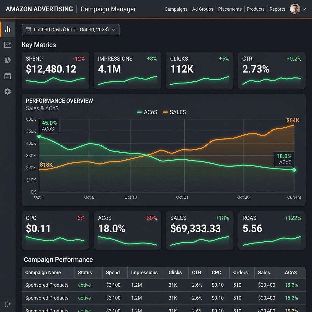 Real Amazon Campaign Manager dark mode dashboard screenshot displaying PPC bid adjustments and lowering ACoS percentage