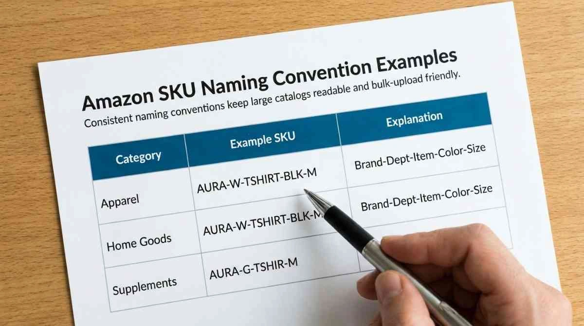 Amazon SKU Naming Convention Examples Table of Amazon SKU naming convention examples for apparel, home goods, and supplements catalogs